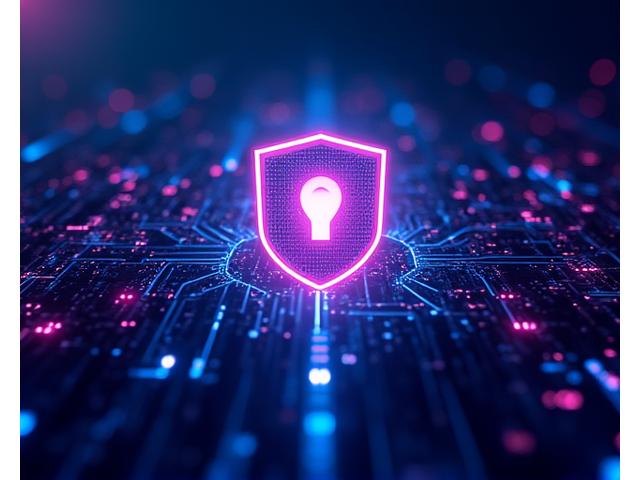 データのセキュリティと保護を示す抽象的なサイバー空間でのシールドアイコン